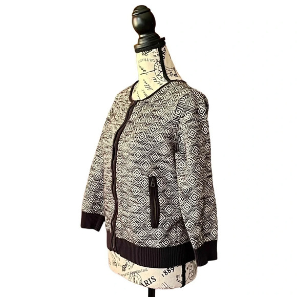 Lucky Brand Sweater Sz S Black Beige Geo Knit Ribbed Full Zip Bomber Sweater - Picture 2 of 9